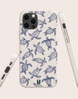 Turtles Eco-Friendly Phone Case displayed from the back and sides against a light background. Made with sustainable materials, this phone case features intricate blue sea turtle illustrations and precise cutouts for buttons and ports.